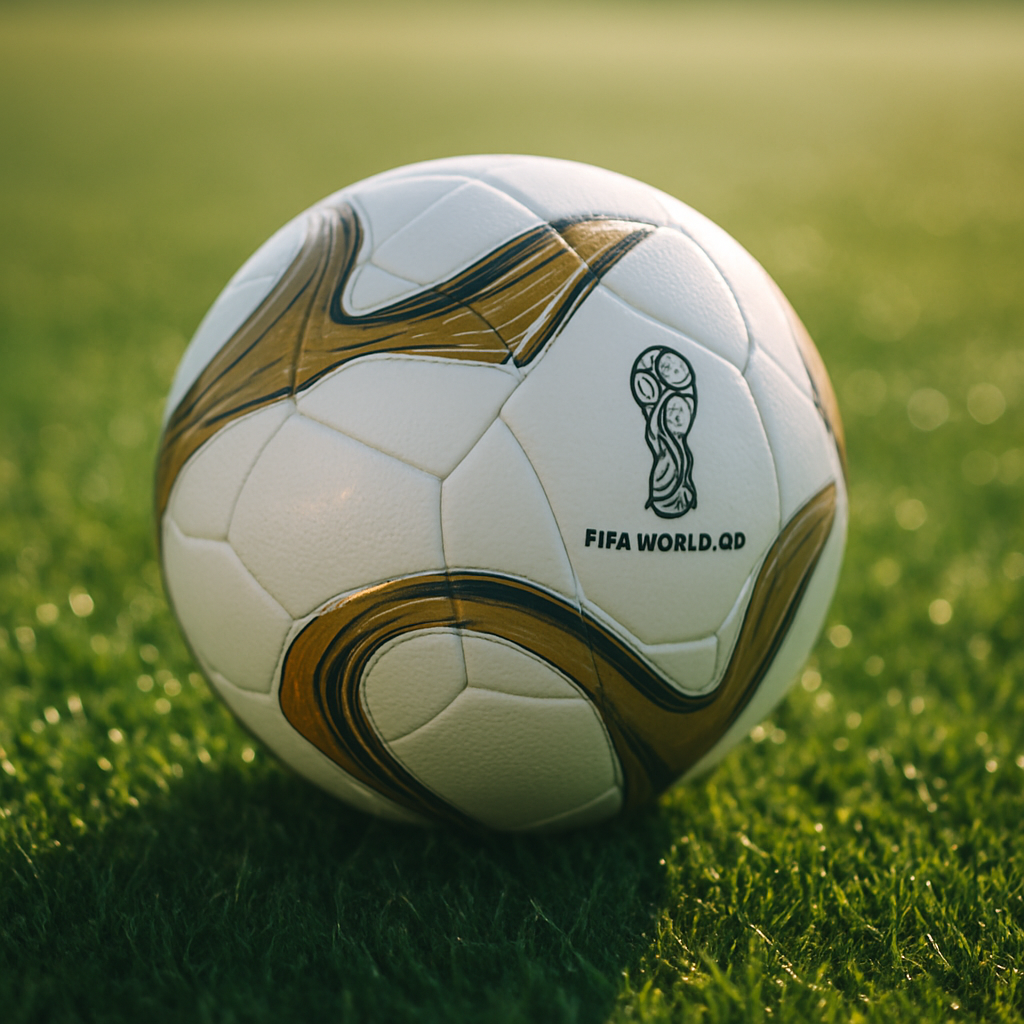 Balón de fútbol sobre el césped al amanecer